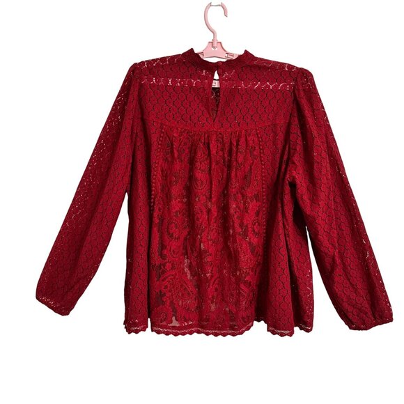 Torrid Womens Lace Blouse High Neck In Rhubarb Red Size 0 (L) Whimsy Romantic - Picture 3 of 8